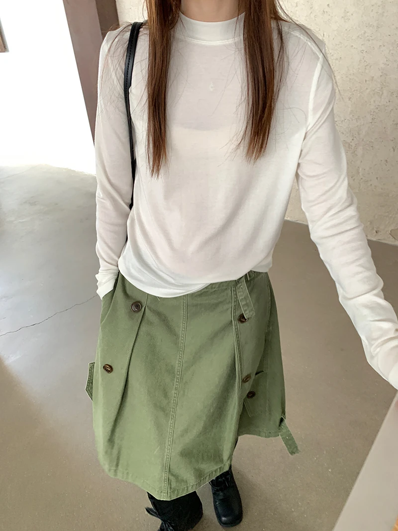 

Autumn and winter women's casual solid color high neck long sleeved loose T-shirt