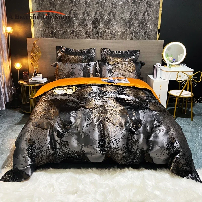 Luxo Jacquard e Algodão Egípcio Conjunto de Cama, Satin Duvet Cover Set, Lençóis Equipados Folha Com Fronhas, Preto e Dourado