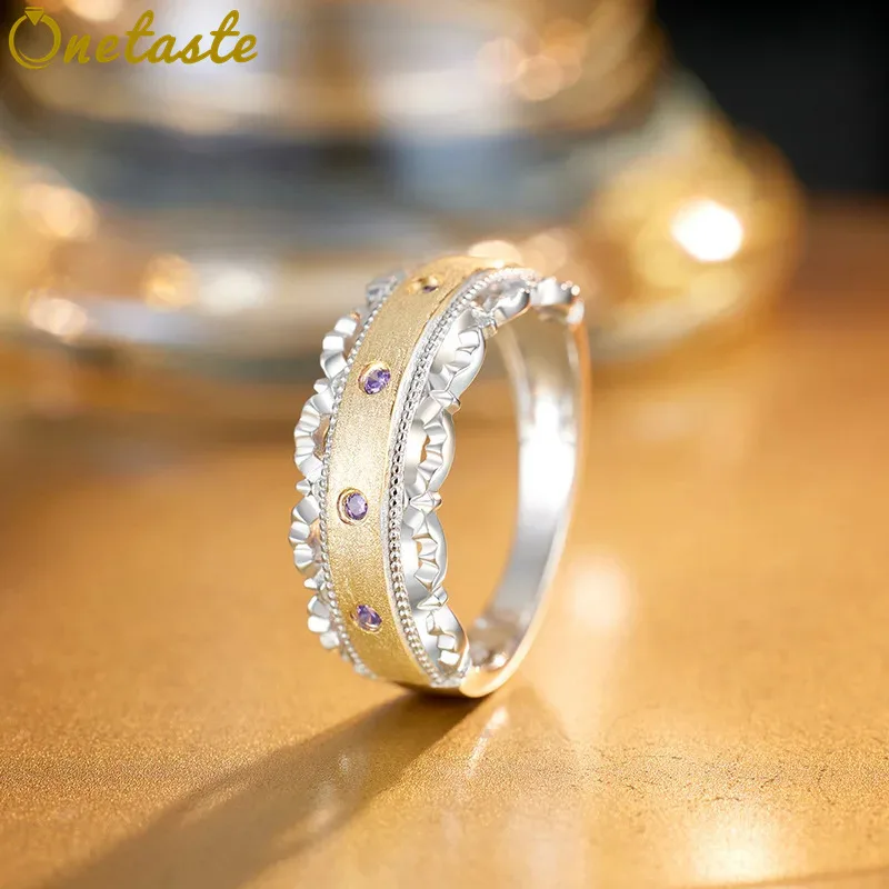 S925 Silver Two Toned Brushed Bold Band Rings For Women Shiny Cubic Zirconia Vintage Court Dainty Trendy Statement Ring Her Gift
