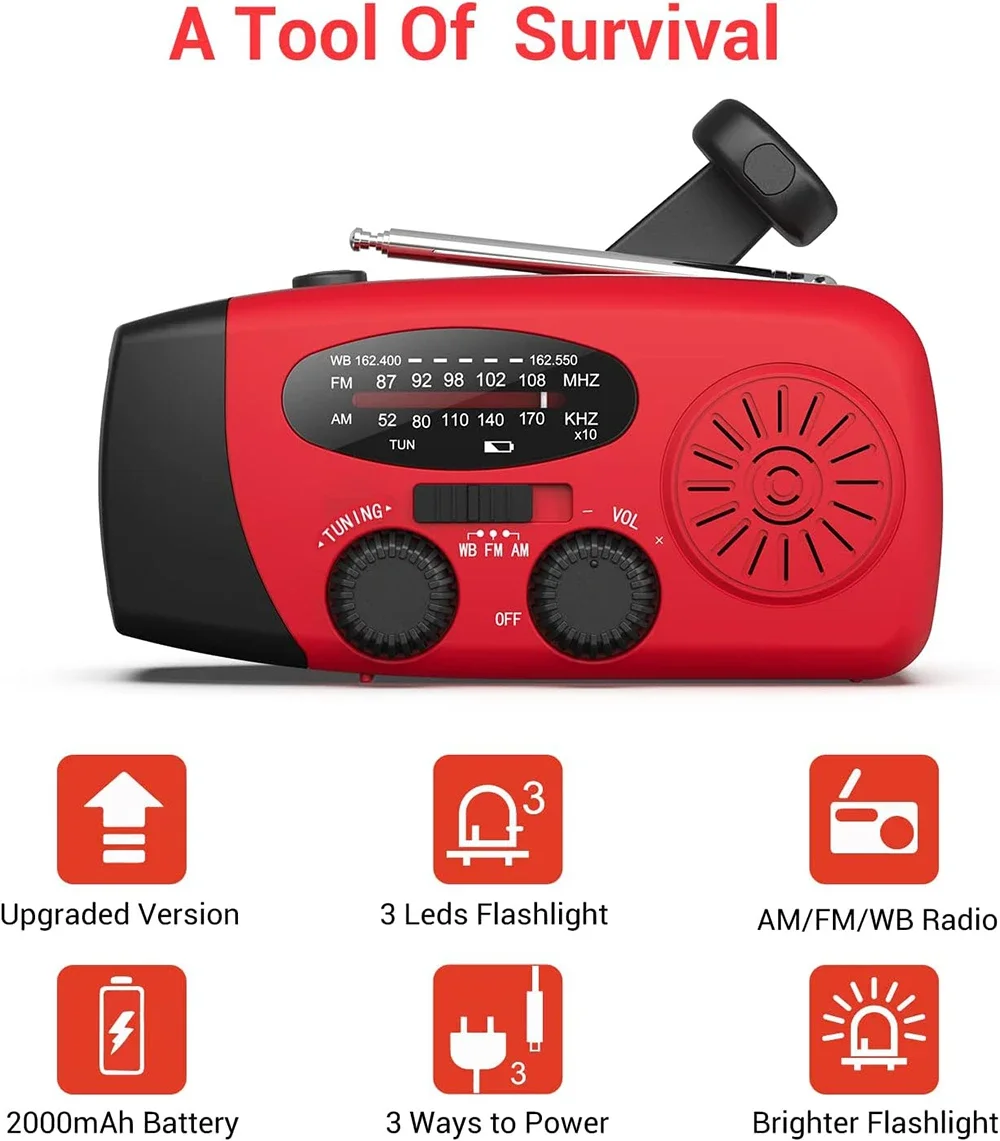 Upgraded Emergency Hand Crank Self-Powered AM/FM NOAA WB Solar Radio for iPhone / Smartphone 2000 mAh Mobile Power Supply TYPE-C