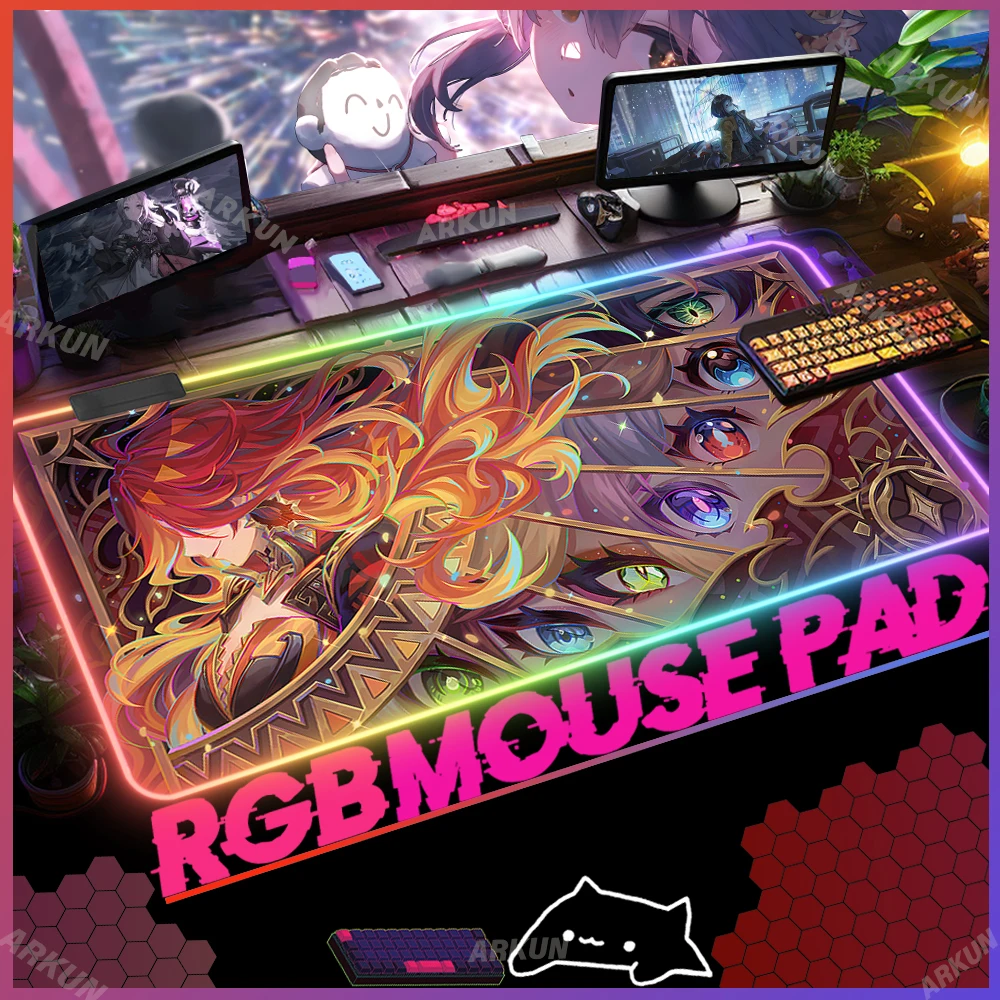 

RGB Large Pretty Girl Mavuika Fashion Eyes Hot Gaming Genshin Impact Mouse Pad BIG 90x40 XXL LED Computer Backlight Keyboard Mat