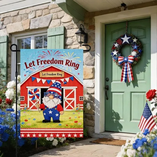 4th Of July Garden Flag Let Freedom Ring Patriotic Gnome Barn Farm, 12x18 Inch XXQ