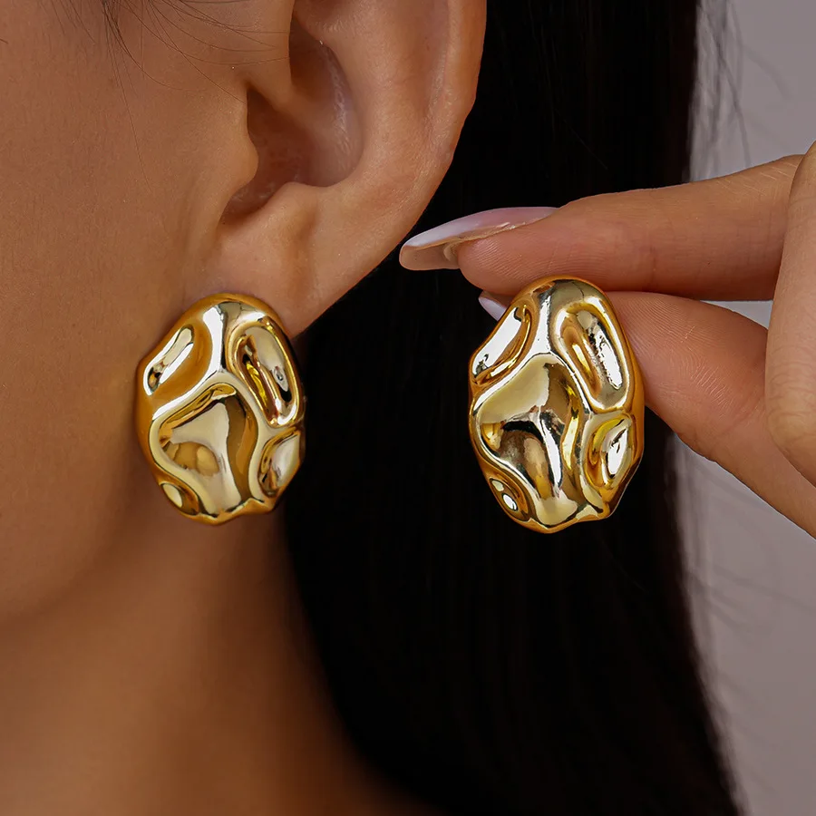 Gold Silver Color Irregular Pleated Oval Acrylic Stud Earrings for Women Men Punk Square Geometric Ear Studs Party Jewelry F