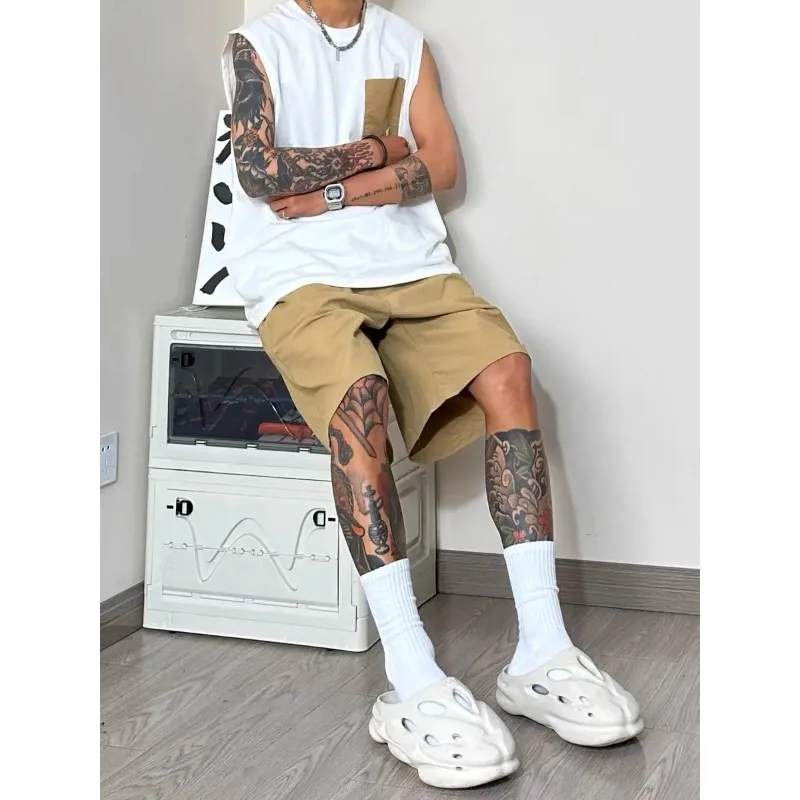 Men Patch Pocket Sleeveless Tank Top Loose Ice Silk Shorts Set Trendy Casual Summer Two Piece Outfit view 3