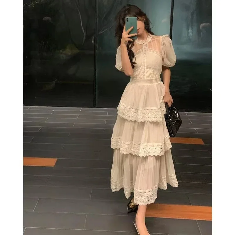 

2024 Summer Fashion Layer Ruffles Cake Dress Women Flower Embroidery Lace Chiffon Dresses Female Prom Evening Party Night Luxury