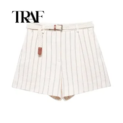 TRAF 2024 New Launch Women's Striped Shorts Fashion Simply Casual Zip-up High-waisted Pockets Hot Shorts Wide leg Pants 8409/107