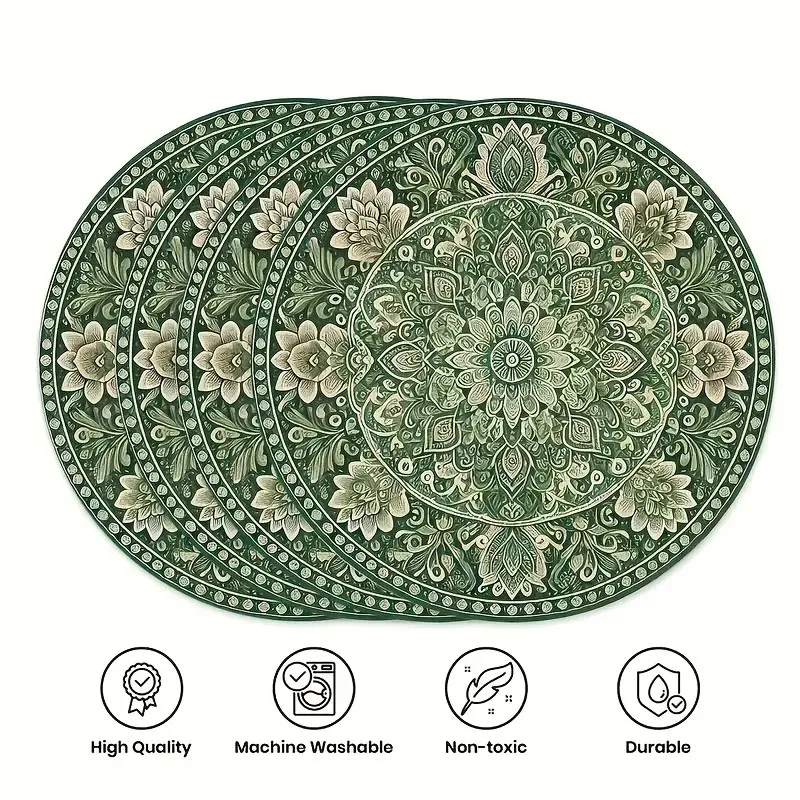 VIKAMA Vintage Green Mandala Ethnic Round Placemat, Bohemian Waterproof Heat‑Resistant Hotel Decor Mat view 4