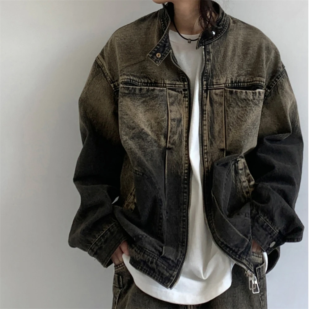 Japanese Vintage High Quality Denim Jacket Women Mens Clothing Korean Fashion Gradient Motorcycle Jacket Streetwear Trend Coat