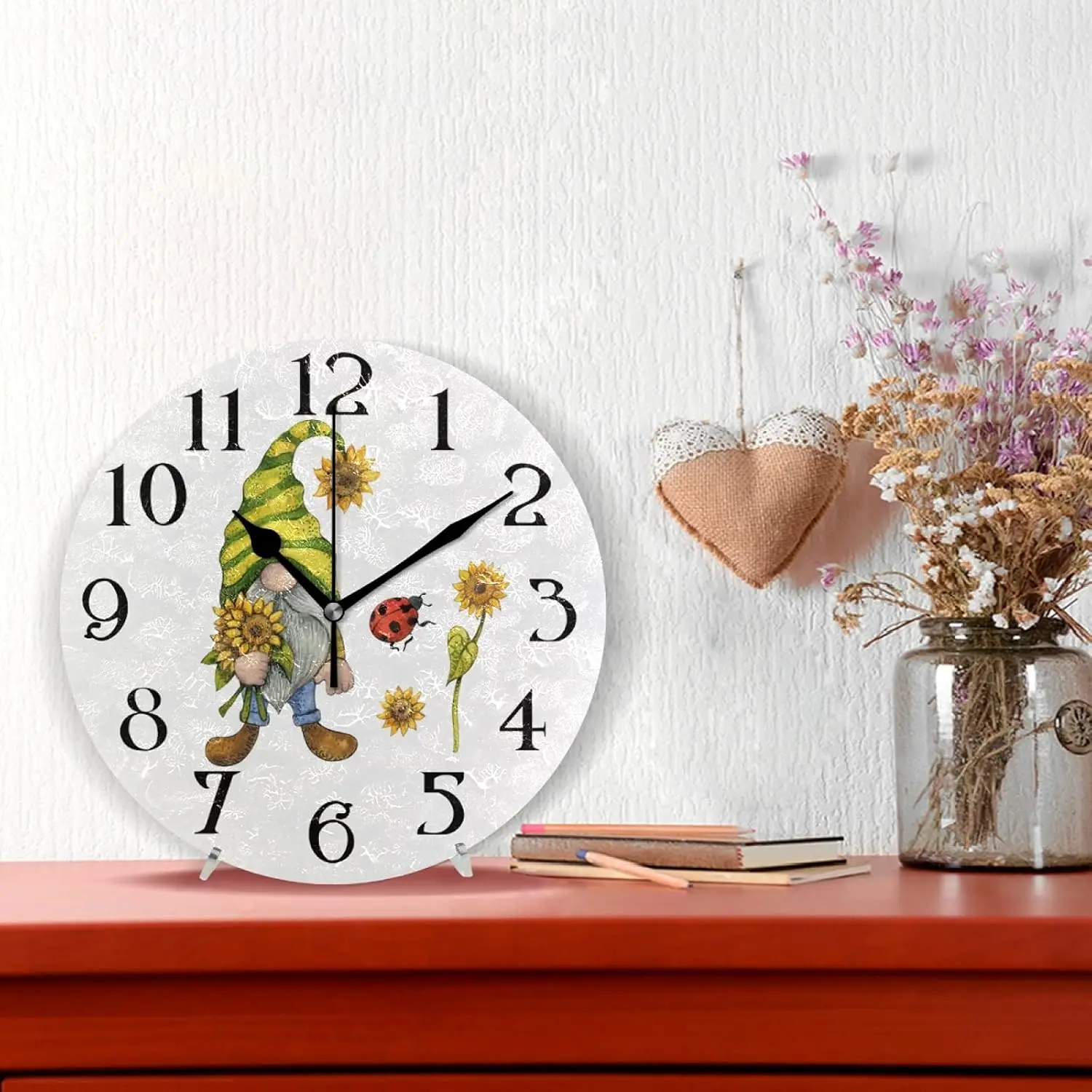 Cute Sunflower Gnome Wall Clock 9.5 Inch Non-Ticking Silent Clocks Round Bathroom Clock Battery Operated Quartz Analog Decorativ