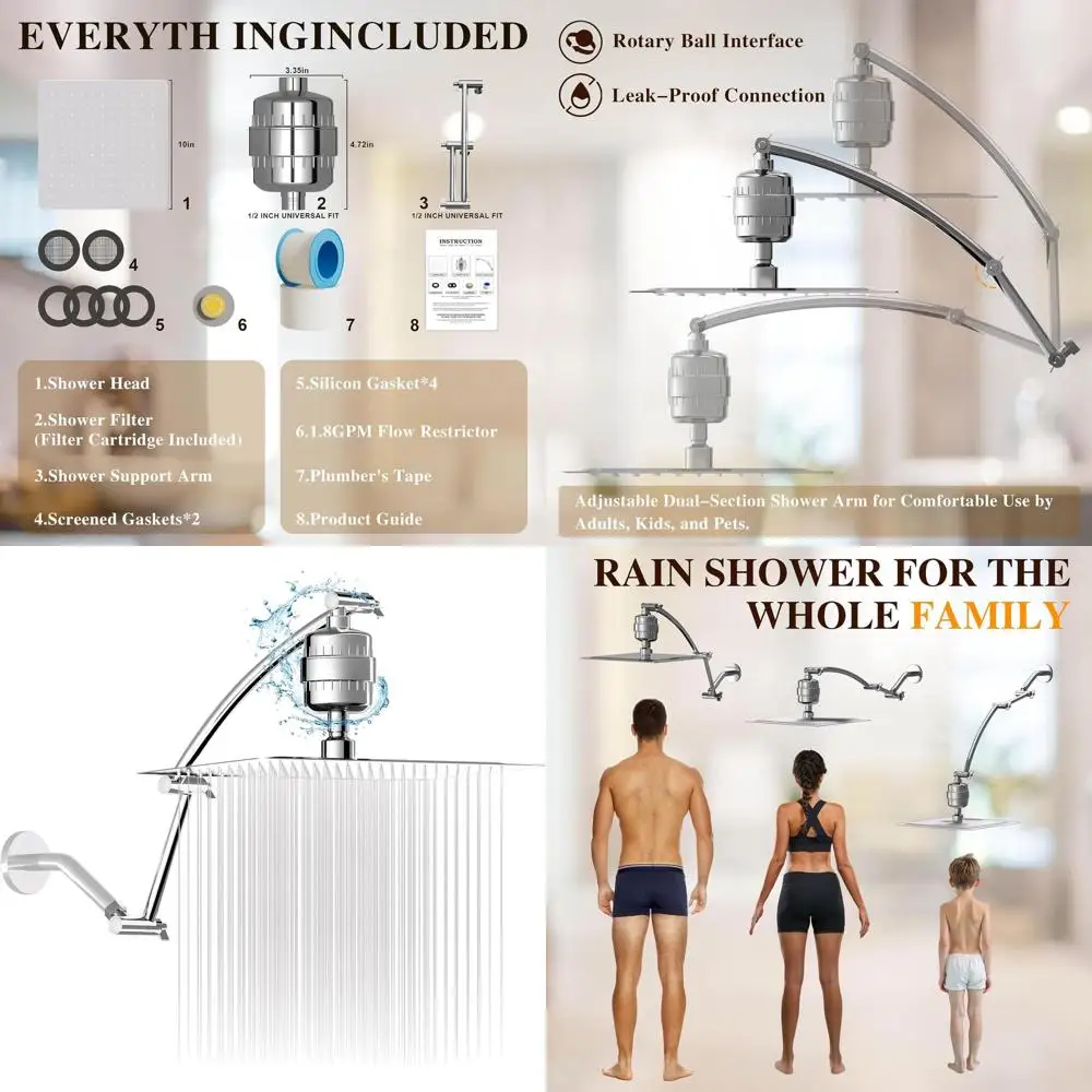 

Adjustable Arm High-Pressure Rain Shower Head with 20-Stage Filter, Removes Chlorine, 10 Inch Chrome