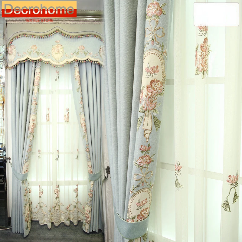 Customized Light Blue Embroidered Screen Jacquard Stitching Thickened Curtains for Bedroom Living Room French Window Balcony