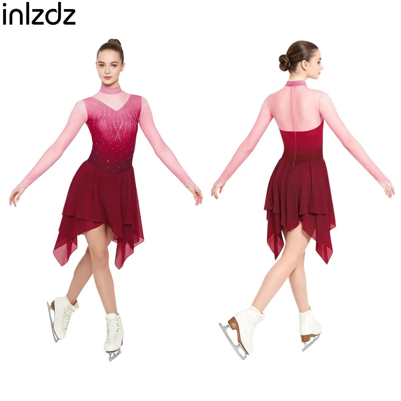 Womens Skating Lyrical Gymnastics Dance Dress Rhinestone Detail Gradient Long Sleeve Tiered Hem Dress Ballet Latin Dance Costume
