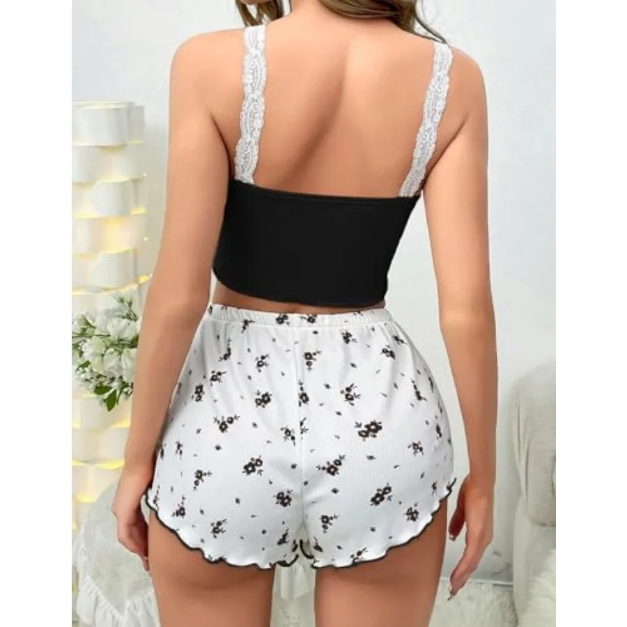 Girece Sexy Pajama Set for Women 2 Pcs lounge Set Floral Cami and Shorts Lingerie Set Cute Pjs Lace Trim Sleepwear view 3
