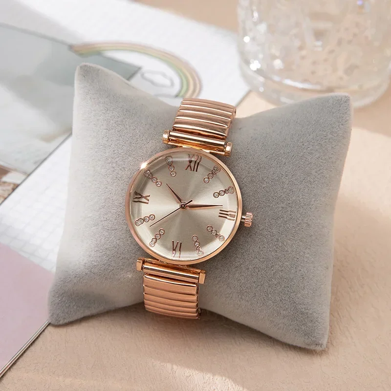 Women's Watch Fashion Alloy Strap Rhinestone Stretch Band Quartz Wristwatches Roman Numerals Decorate Jewelry relógio feminino