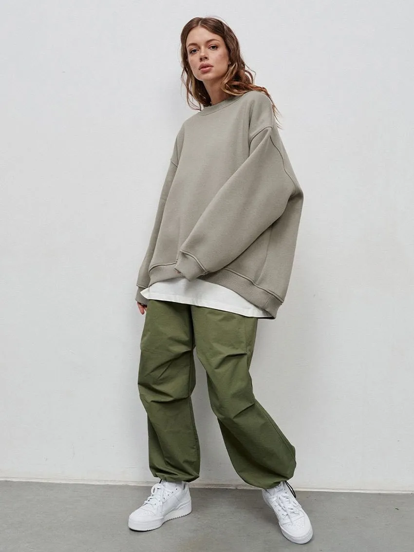 Round Neck Pullover Hoodie Mid Length Alternative Street with Loose Fit Single Regular Thickness Streetwear Women Sweatshirts