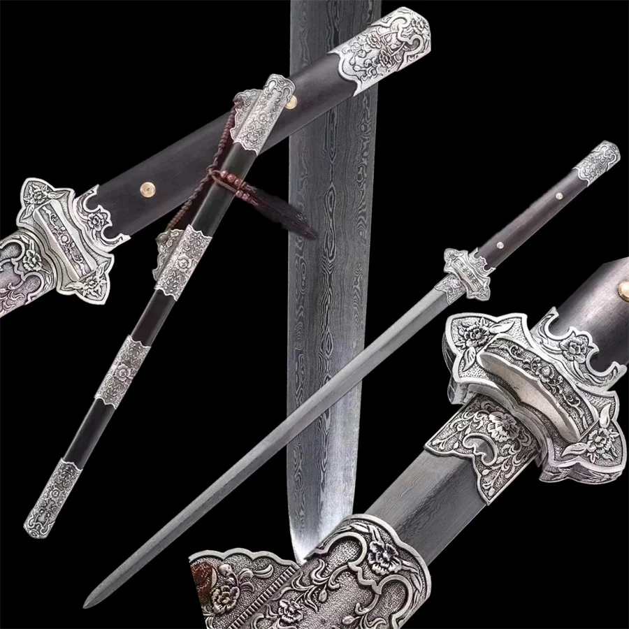 Beautiful Chinese Jian Sword Kungfu Tang-Jian Damascus Steel Blade Ebony Sheath Alloy Fittings New Very Good Full Tang