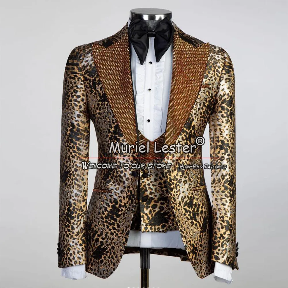 Elegant Groom Wedding Suits Leopard 3 Pieces Formal Prom Blazer Sets Custom Made Chic Fashion Men's Tuxedos Terno Masculino 2024