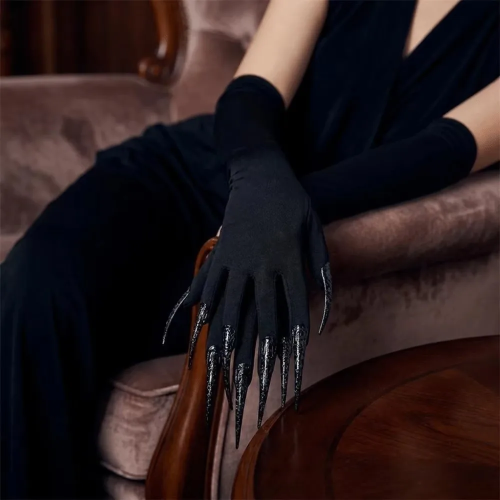 Black Color Long Nails Gloves Polyester Material Stretch Elastic Cosplay Gloves Detachable Claw Nails Finger Nails Design