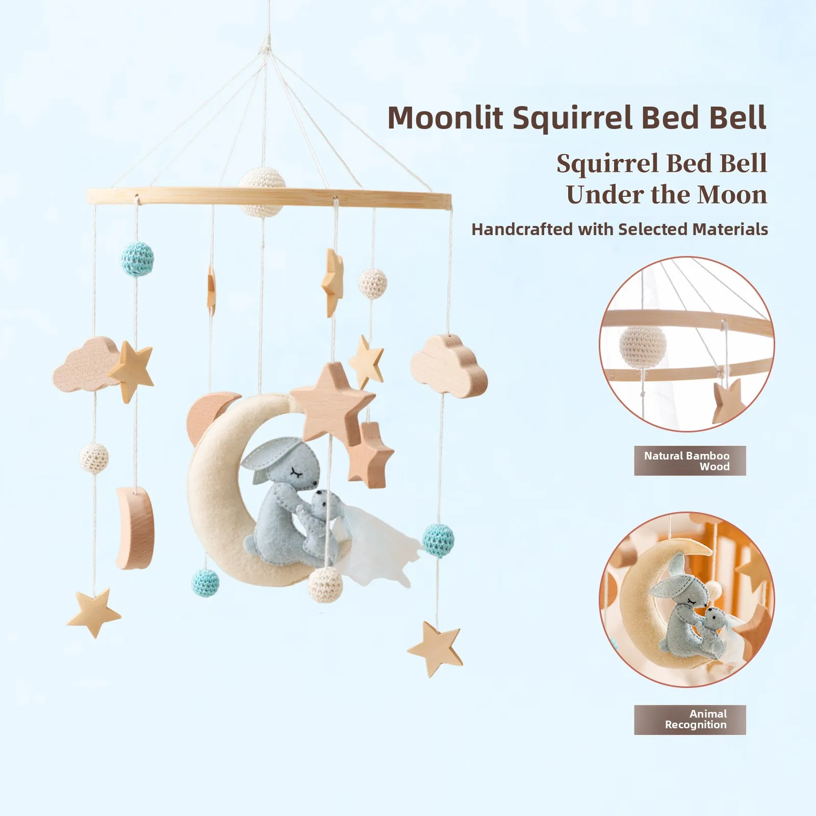 Móbile de Berço Artesanal de Madeira Estilo Nórdico com Coelho e Lua para Quarto de Bebê, Brinquedo Infantil, Criador de Sons