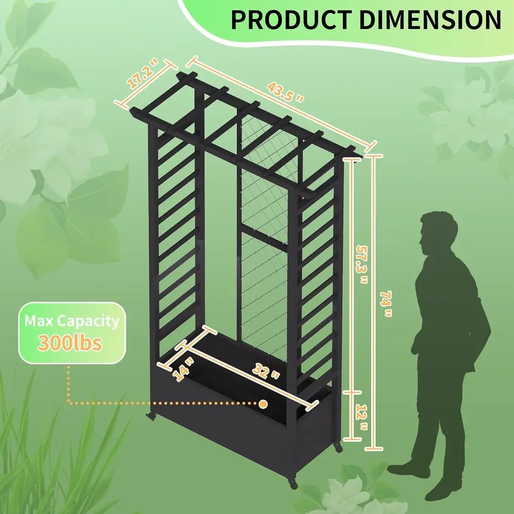 Elevated Garden Bed with Trellis and Hanging Baskets, Metal Planter Box on Wheels, Outdoor Climbing Plant Support, 74 H x 44 L x view 6