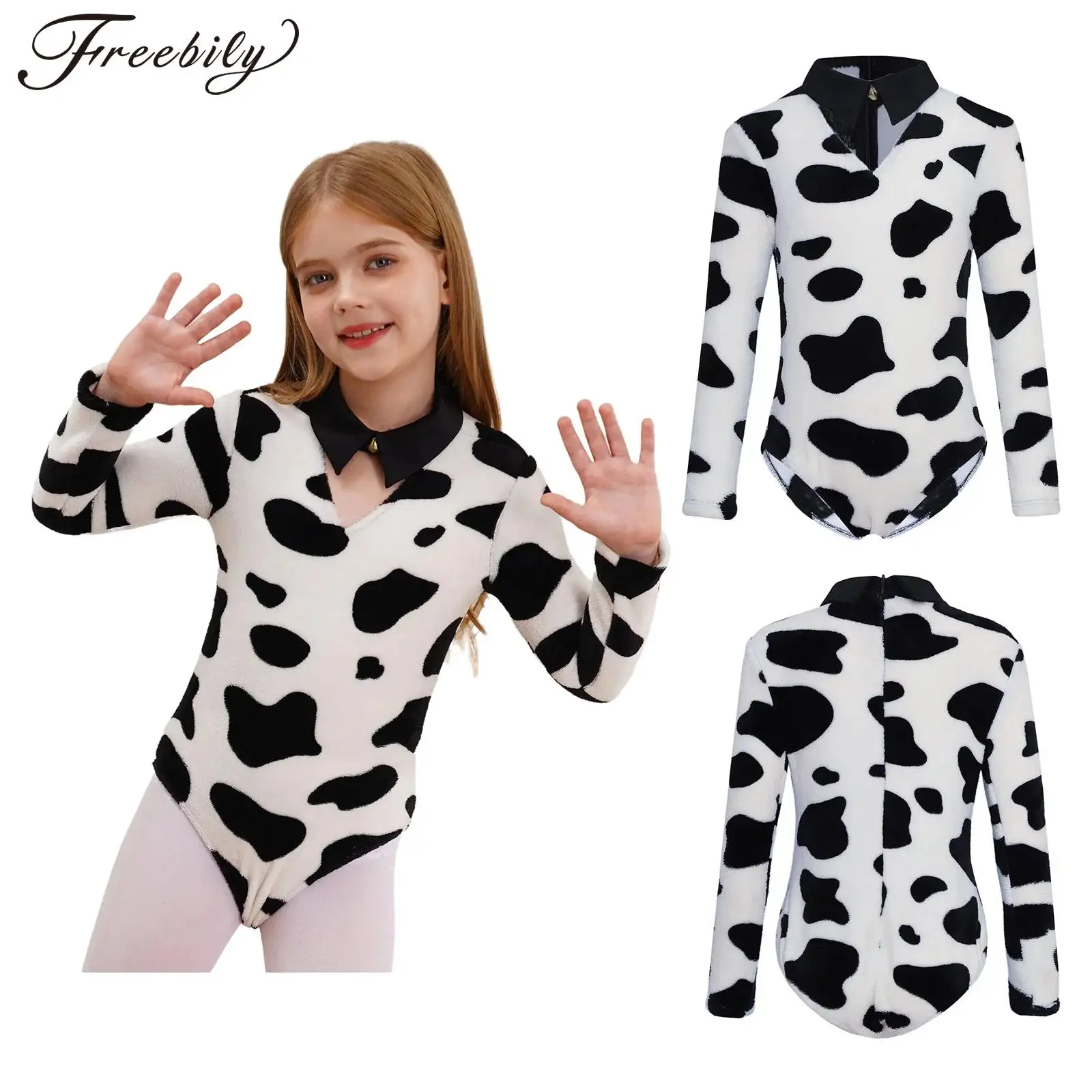 

Kids Girls Boys Animal Milk Cow Cosplay Costume Halloween Cow Print Long Sleeve Leotard Jumpsuit Roleplay Theme Party Dress Up