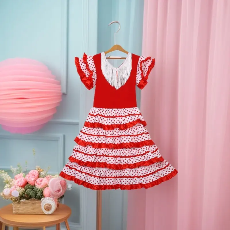 Kids Girls Spanish Flamenco Dance Costume Red Polka Dot Ruffle Long Dress Performance Outfit for Carnival Birthday Party - view 4