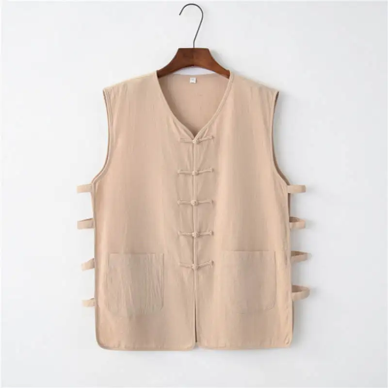 Summer Thin Cotton Linen Style Men's Mandarin Collar Shirt Retro Hanfu Set Buddhist Layman's Clothing Traditional Chinese Eth...