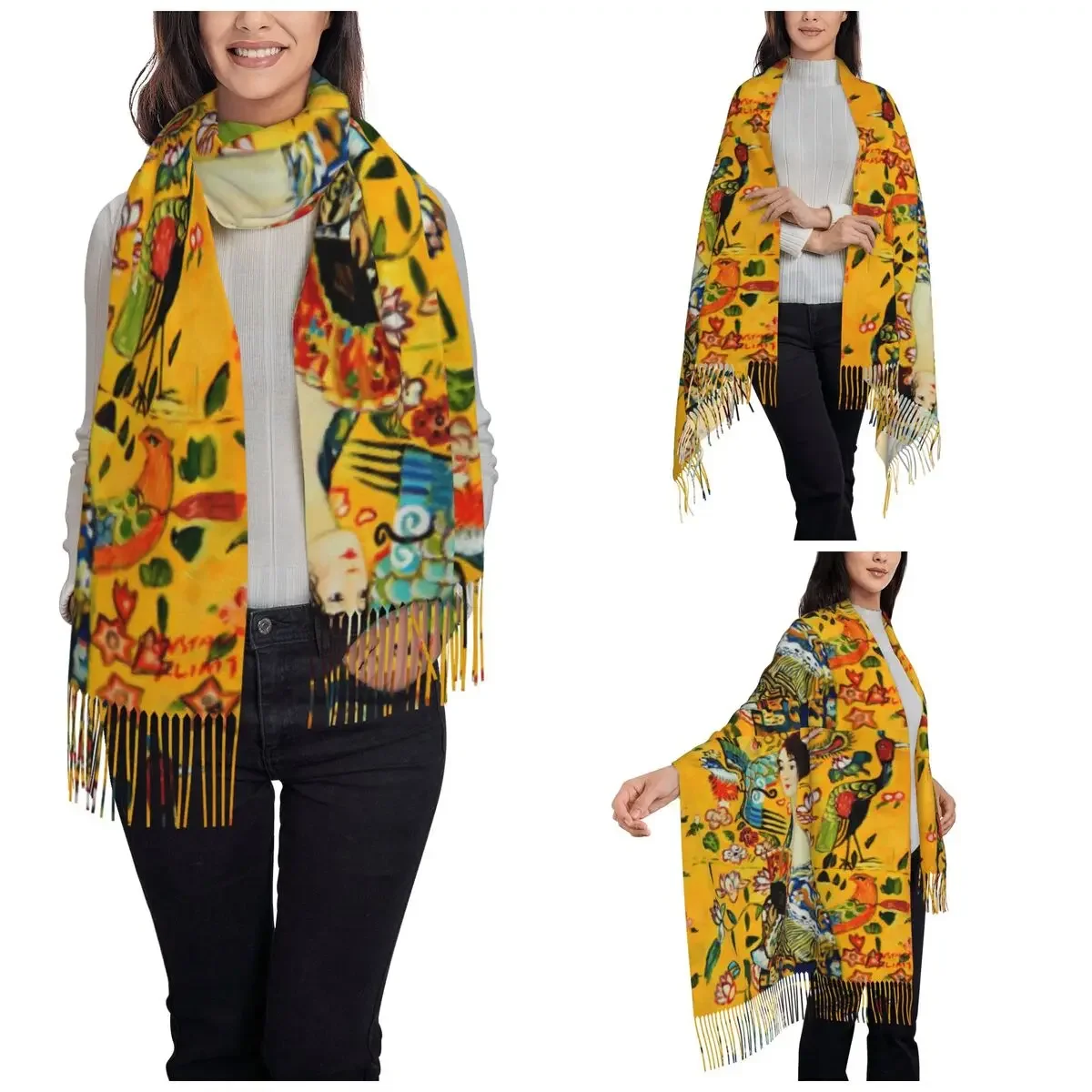 Womens Tassel Scarf Gustav Klimt Long Super Soft Shawl Wrap Lady with Fan Gifts Pashmina Scarves