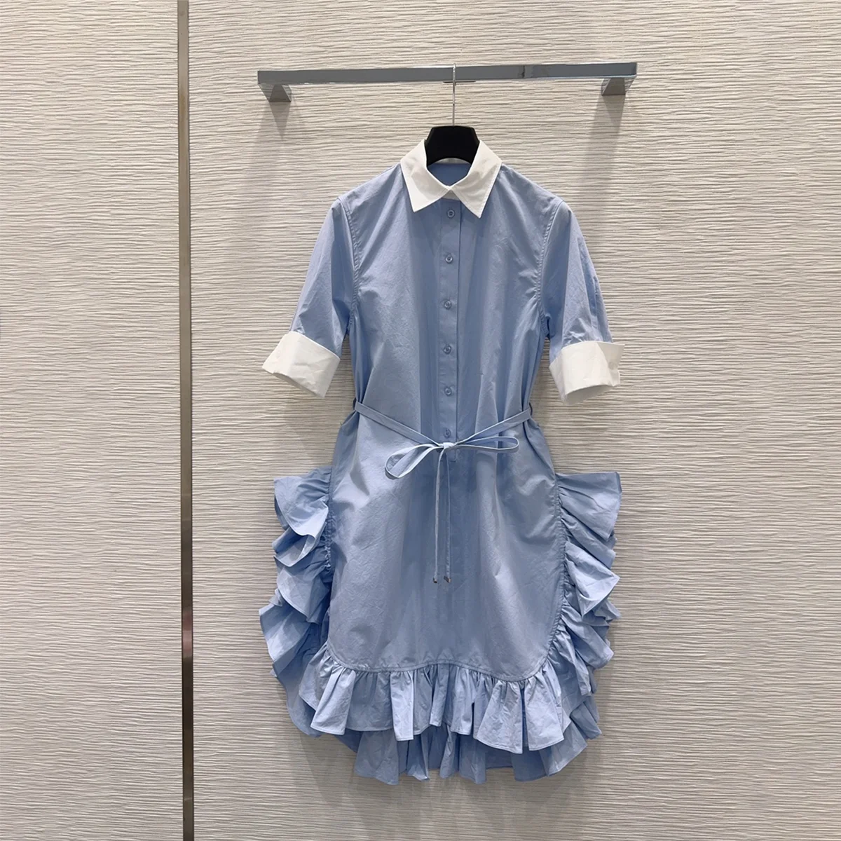 2026 high-quality women's contrasting color mid sleeve lace up waist irregular ruffle edge short skirt--hb801