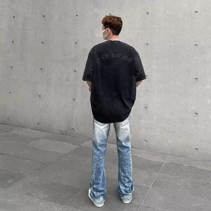 American style high street washed distressed jeans for men's hip-hop straight leg micro flared pants cargo pants men jeans