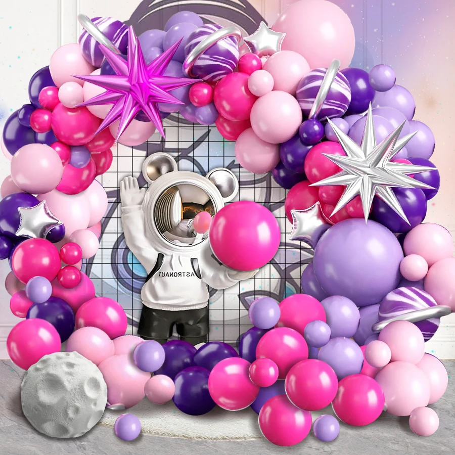 96-teiliges Weltraum-Themen-Ballonbogen-Set in Lila und Rosa, einschließlich dunkelvioletter, pinkfarbener, pastellfarbener und onyxfarbenen Latexballons für DIY-Planeten-Dekorationen, geeignet für