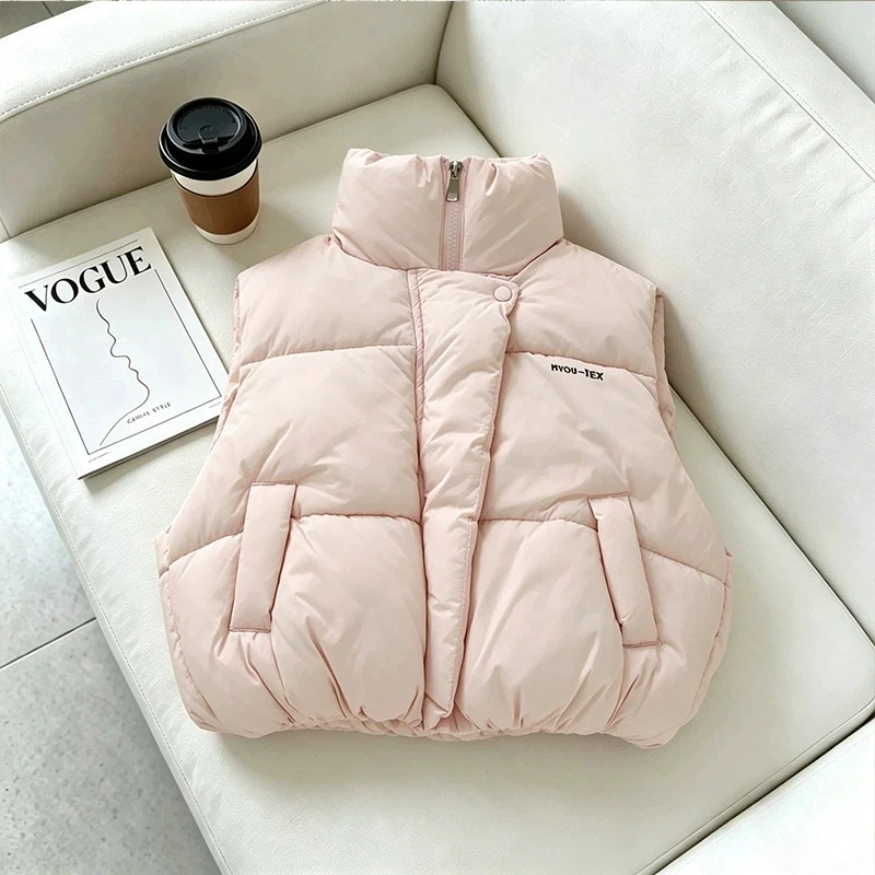Kids Stand Collar Cotton Vest 4-10 Years Boys Girls Fashion Letter Print Sleeveless Jacket Autumn Winter Warm Casual Waistcoat