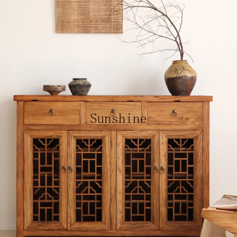 

Wabi Sandy Wind Solid Wood Edge Retro Style Tea Room Carved Window Hollow Old Chinese Style Side Cabinet Simple and Modern