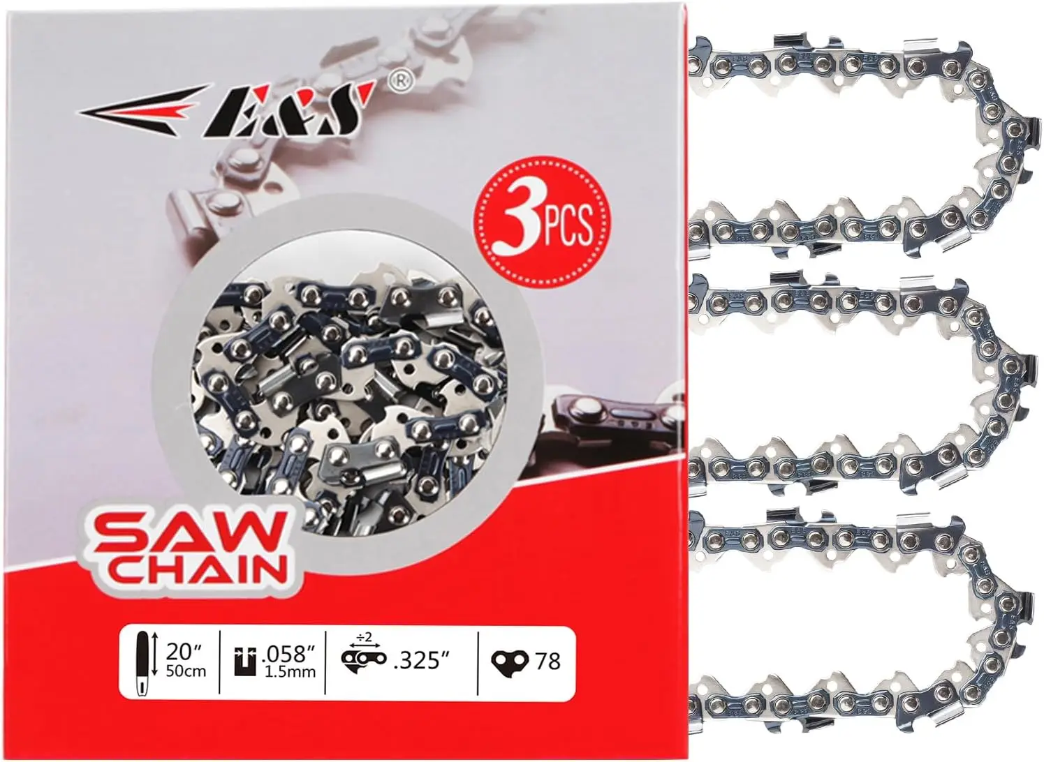

Комплект из 3 цепей для бензопилы, 20 дюймов, шаг .325", толщина .058", 78 ведущих звеньев, полуконцевые, для различных моделей бензопил