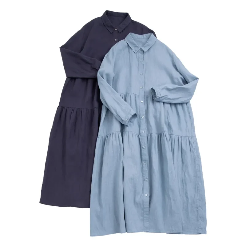 Vestido de comprimento médio de algodão e linho de cor sólida solto e elegante de tamanho grande