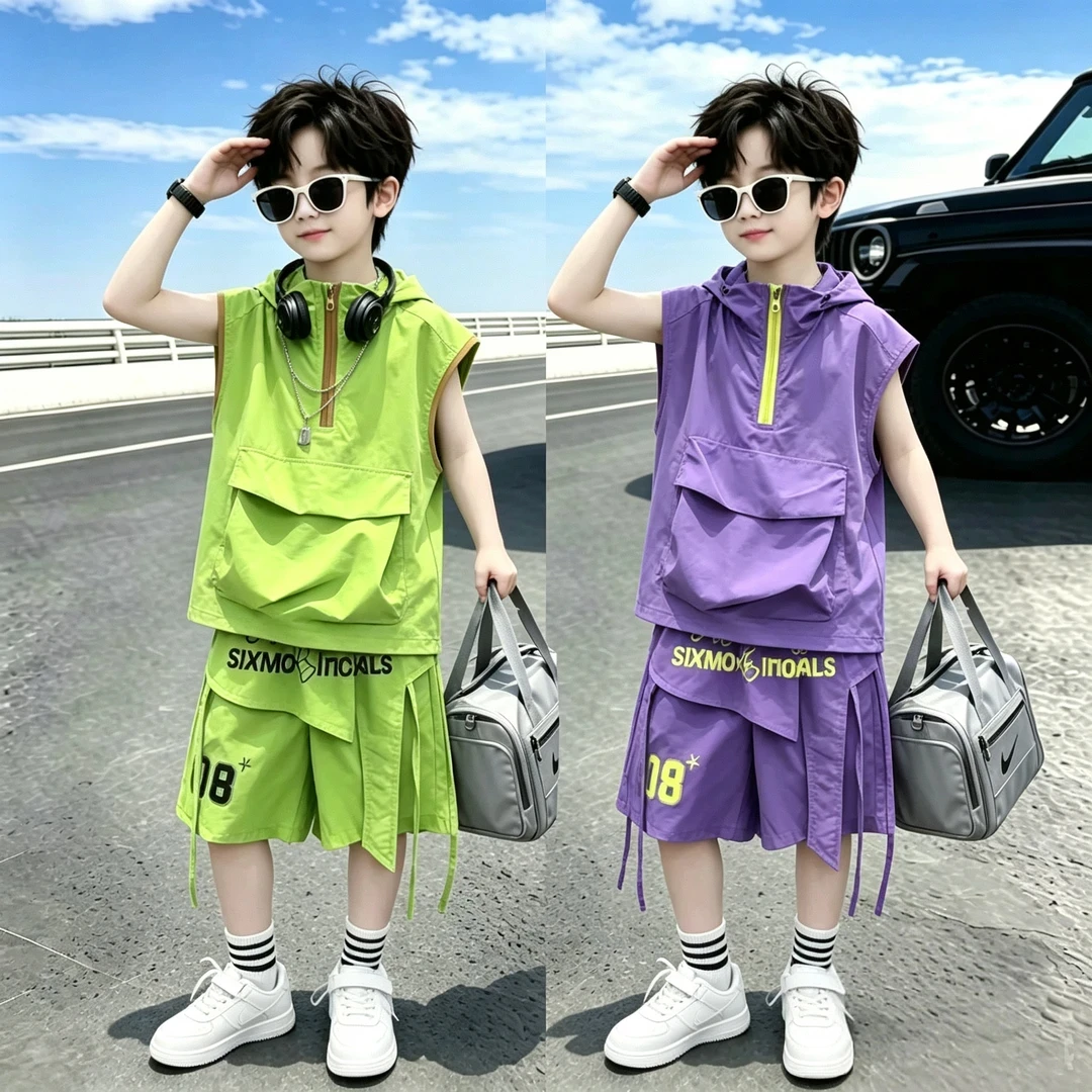 children's-summer-outfit-quick-dry-sun-protection-hatless-sleeveless-two-piece-set-casual-style-comfortable-breathable-material