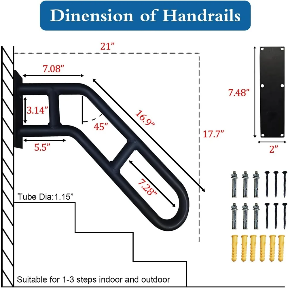 درابزين الدرج الخارجي - عبوتان، لمسة نهائية سوداء غير لامعة، قضبان أمان مثبتة على الحائط لـ 1-3 خطوات