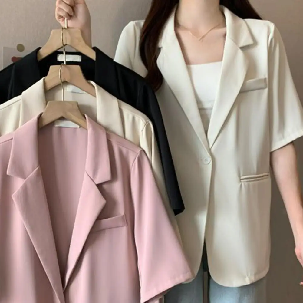 Solid Color Suit Coat Elegant Women's Short-sleeved Suit Coat with One Button Closure Versatile Solid for Business for Casual