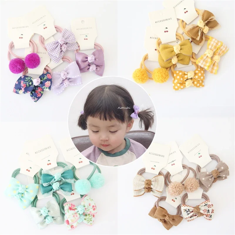 10Pcs/Set Floral Bow Baby Hair Rope Elastic Solid Color Pompom Child Hair Tie For Girls Cartoon Dot Plaid Print Kid Rubber Band