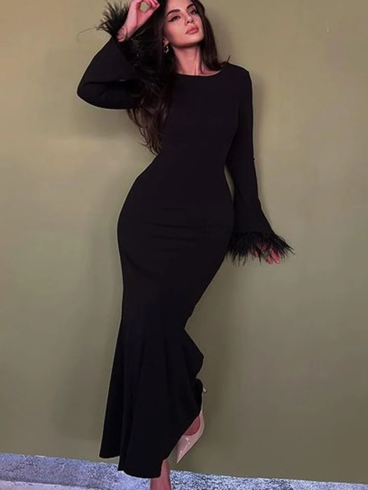 Feather Sleeve Long Dresses Women Elegant Fashion Black Bodycon Dress Spring Sexy Wrap Dress Ladies Slim Evening Party Dress