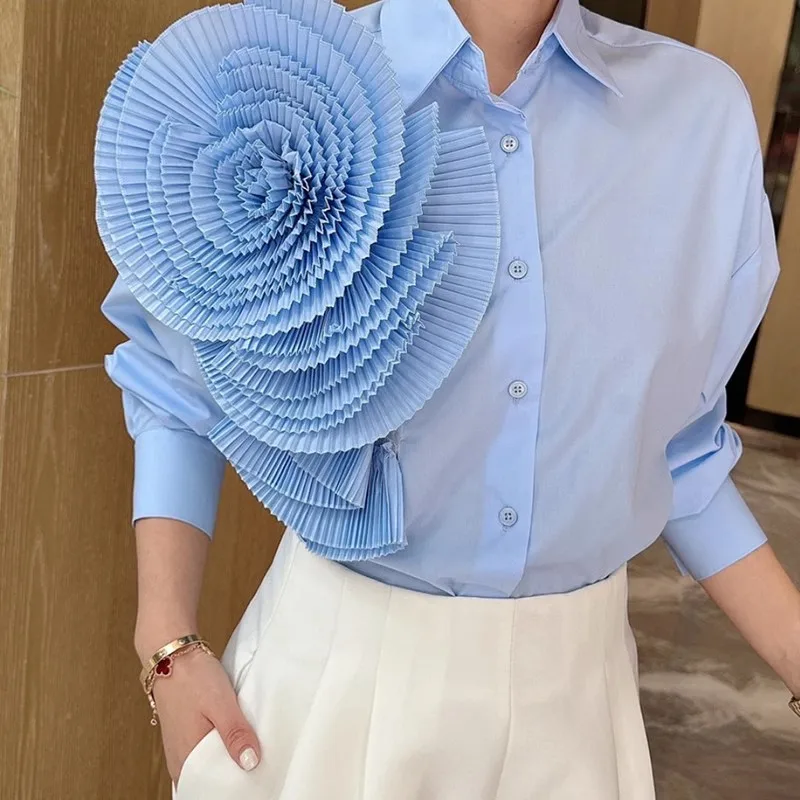 

Exaggerated Pleated Flower New Fashion Long Sleeved Lapel Solid Color Shirt Dress Singer Stage Party Wear Office Women's Top
