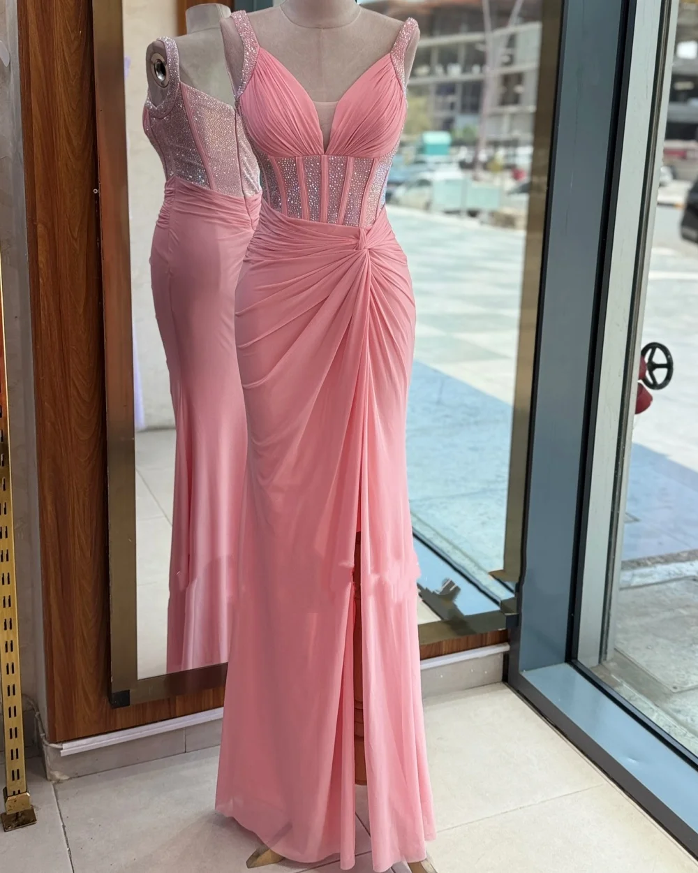

Customized High Quality Fashion Chiffon Sequined Ruched Mermaid Spaghetti strap Long Dresses Bespoke Occasion Dresses Matching