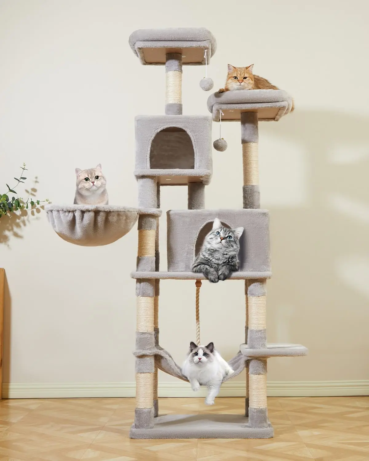 Cat Tree, 66.2-Inch Cat Tower for Indoor Cats, Plush Multi-Level Cat Condo with 12 Scratching Posts, 2 Perches, 2 Cave