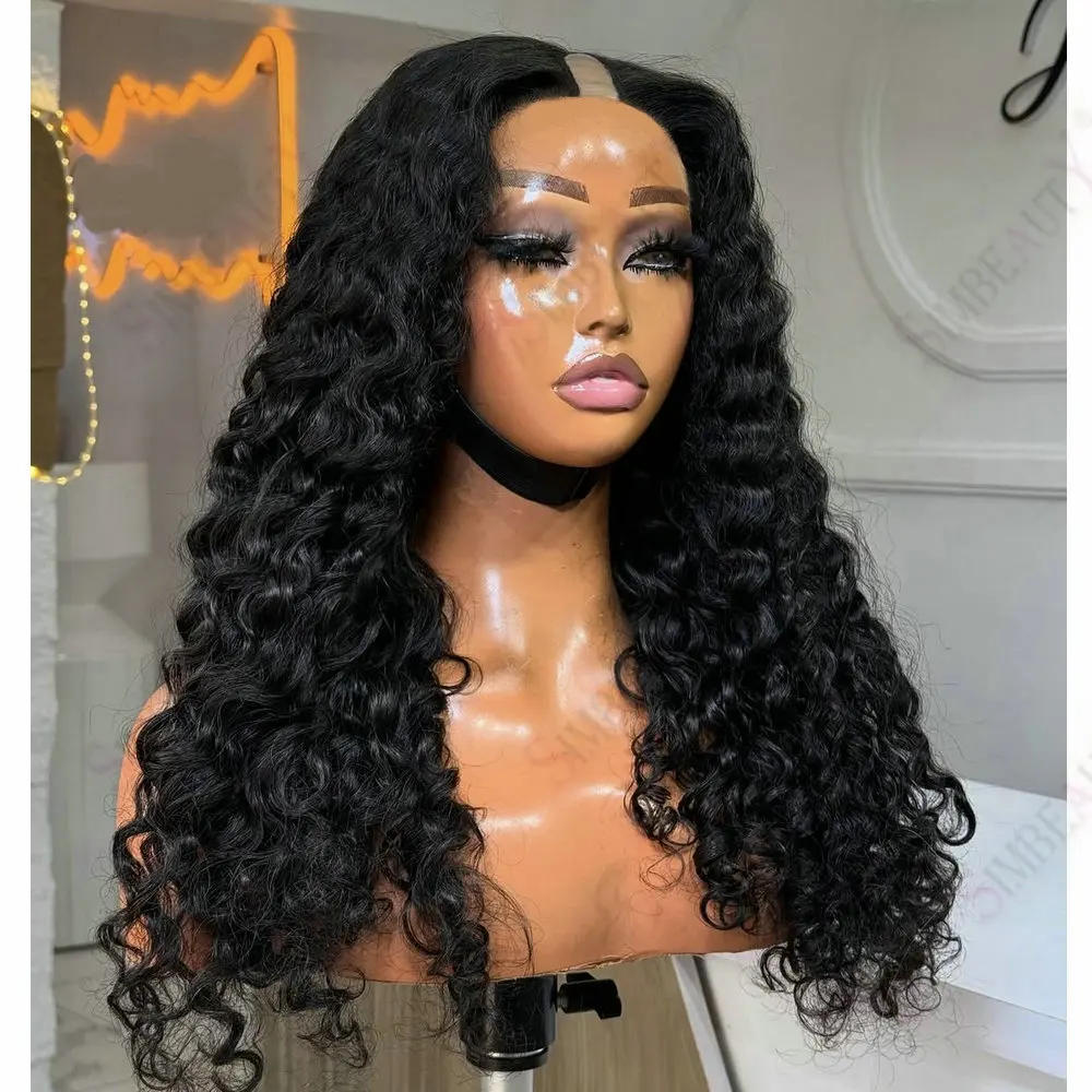 

Braizilian 100%Human Hair Cheapest 1x4 Milddle U Part Wigs Human Hair Jet Black Deep Wave Easy Wear With Clips Full Machine Made