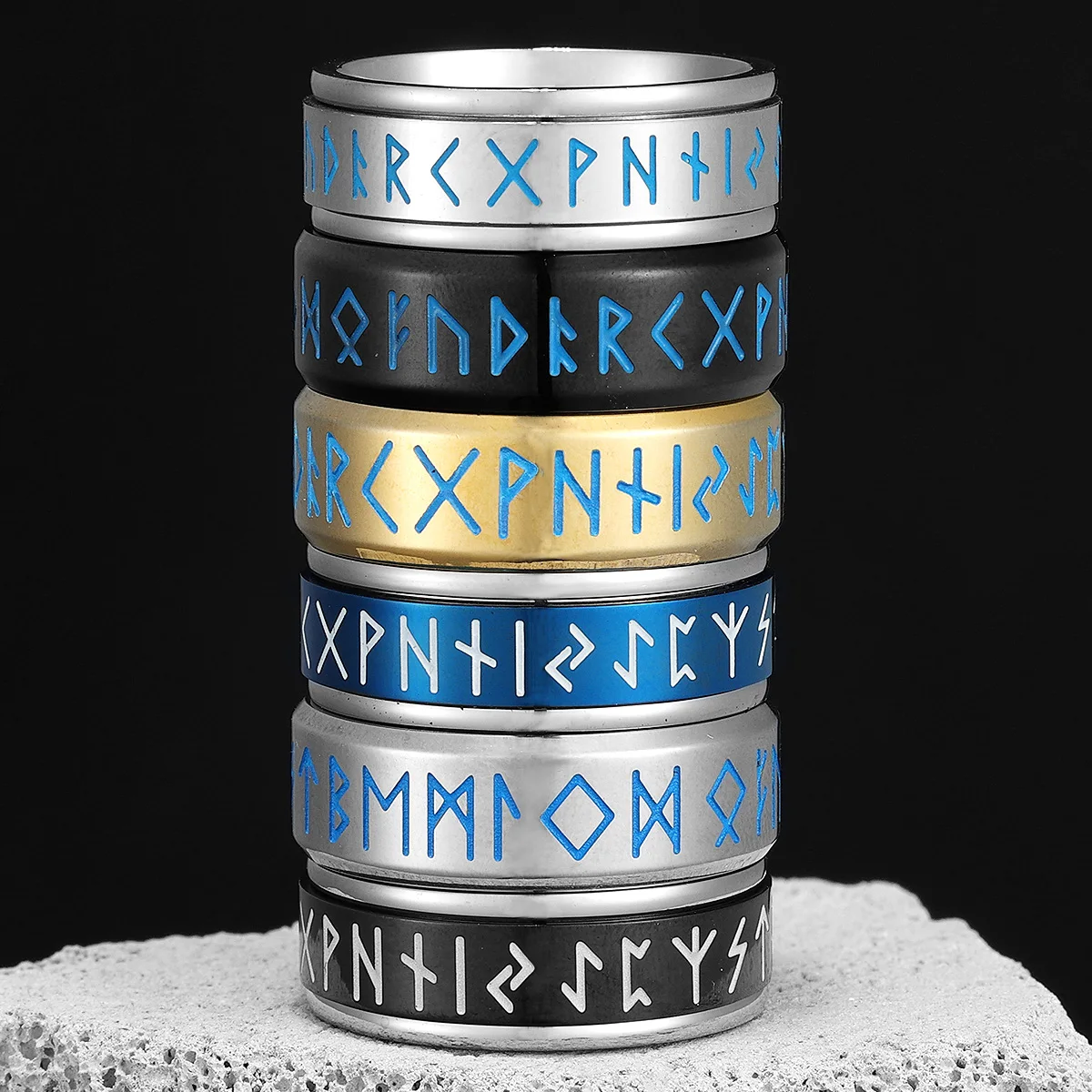 Luminous Viking Runes Men Fidget Rings Stainless Steel Jewelry Punk Rock Rotatable Fashion Accessories for Women Gift Wholesale