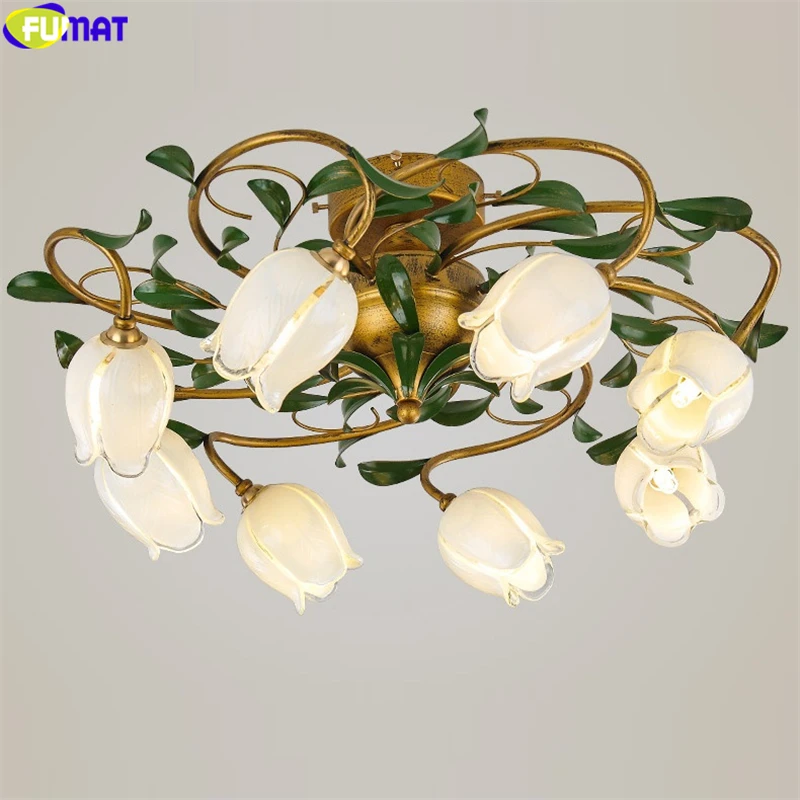 FUMAT Retro European Chandeliers Lamp Rural American Style Ceiling Light Lily Tulips Flower White Glass Classical Lighting G9