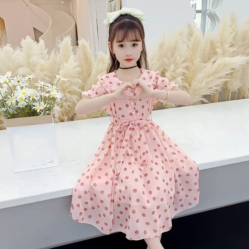 

Fashion Collar Girls Princess Dress Teens Lace Up Summer Dot Dress Party Beach Vacation Children Dress Students