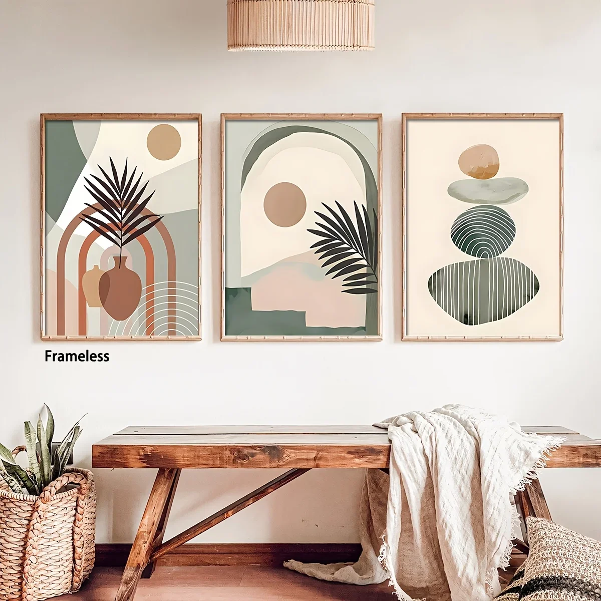 3pcs frameless Canvas Painting (No frame)2D Flat, 2D Flat, 2D Flat 3pcs Boho Arch Palm Leaf Stone Stack Wall Art, Minimalist 2D
