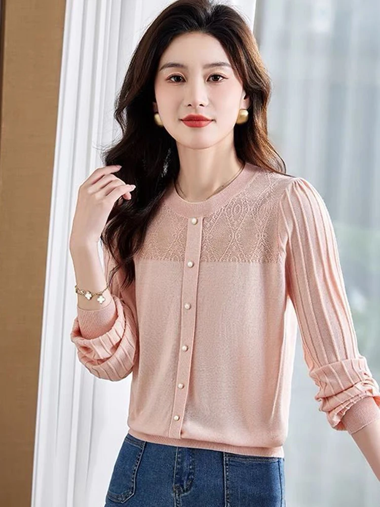 

2025 Autumn New Loose Casual Round Neck Shirt Korean Version Fashion Solid Color Hollow Out Knitted Top For Women