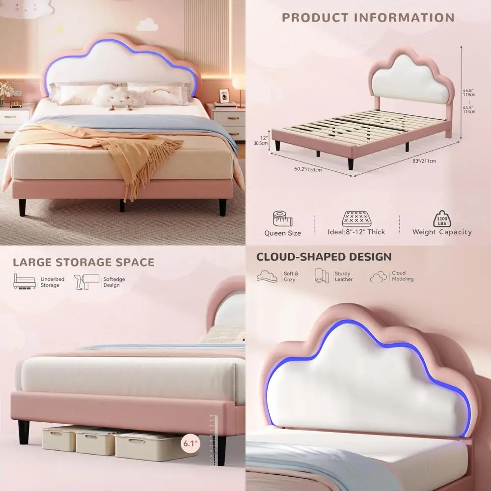 Cama tapizada tamaño Queen con características inteligentes LED y cabecero de nube ajustable, estructura de cama con plataforma